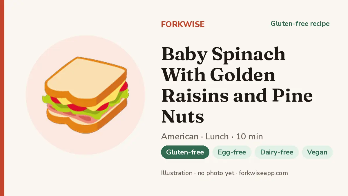 Baby Spinach With Golden Raisins and Pine Nuts – Forkwise recipe card (illustration, no photo yet)
