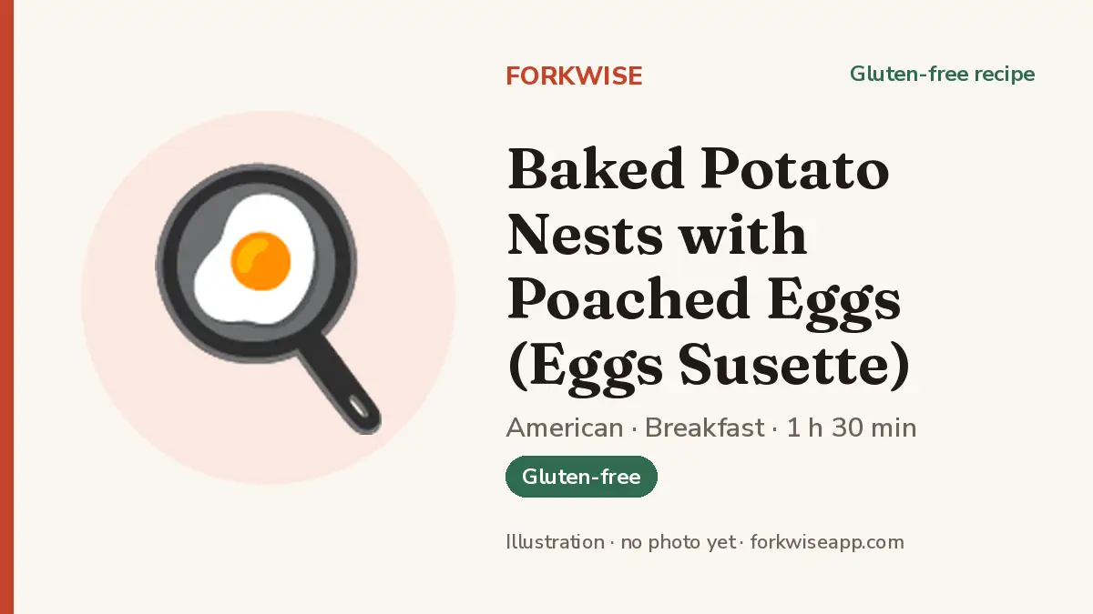 Baked Potato Nests with Poached Eggs (Eggs Susette) – Forkwise recipe card (illustration, no photo yet)