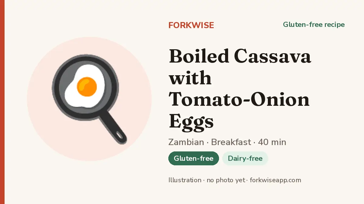 Boiled Cassava with Tomato-Onion Eggs – Forkwise recipe card (illustration, no photo yet)