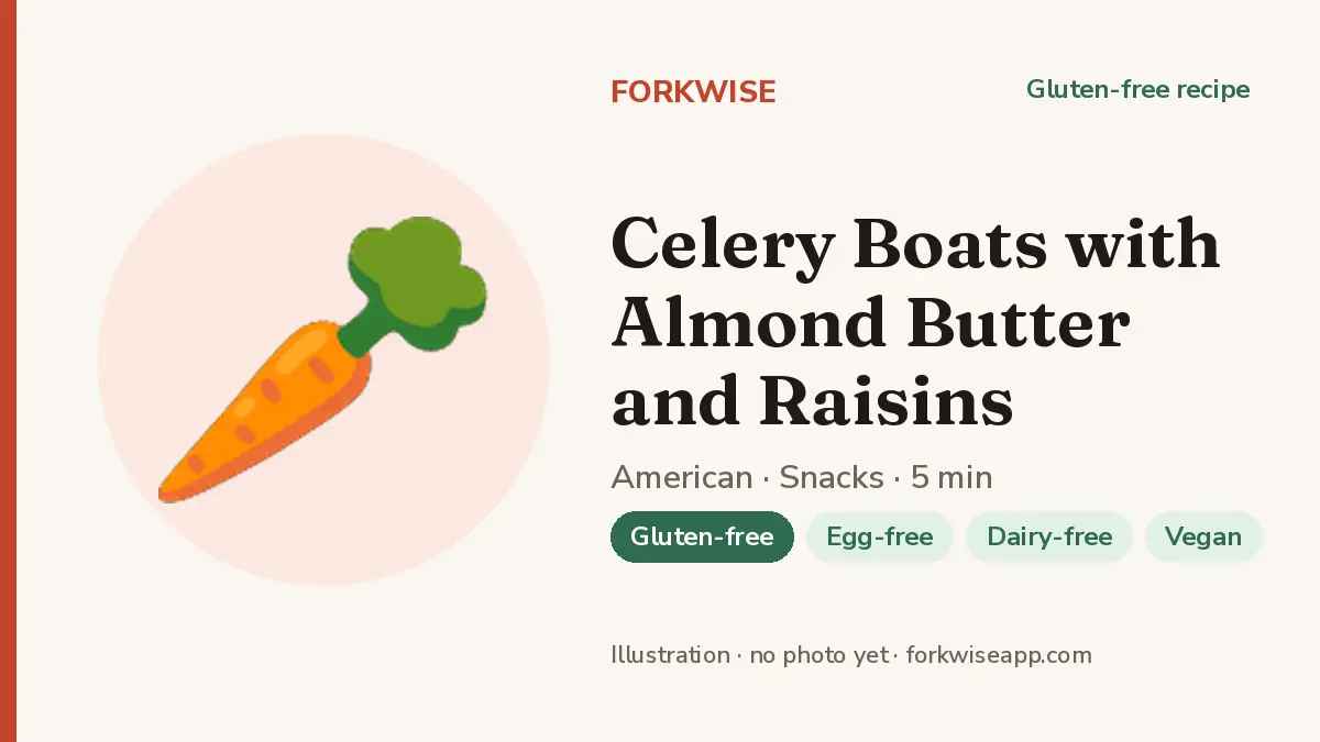 Celery Boats with Almond Butter and Raisins – Forkwise recipe card (illustration, no photo yet)