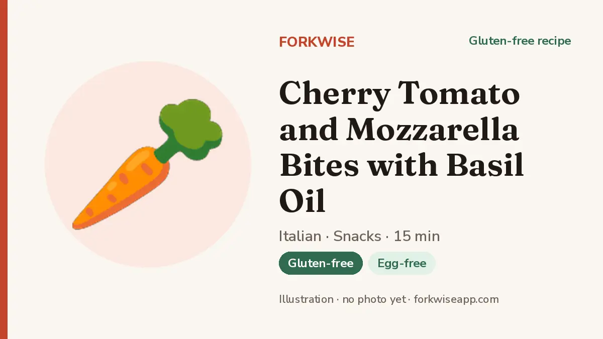 Cherry Tomato and Mozzarella Bites with Basil Oil – Forkwise recipe card (illustration, no photo yet)