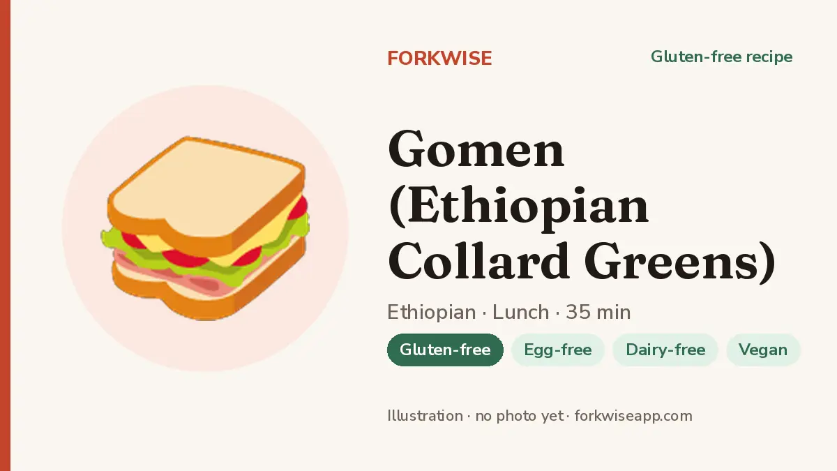 Gomen (Ethiopian Collard Greens) – Forkwise recipe card (illustration, no photo yet)
