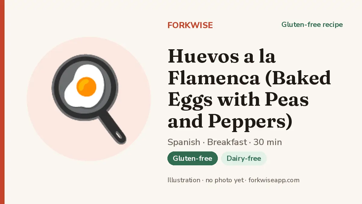 Huevos a la Flamenca (Baked Eggs with Peas and Peppers) – Forkwise recipe card (illustration, no photo yet)