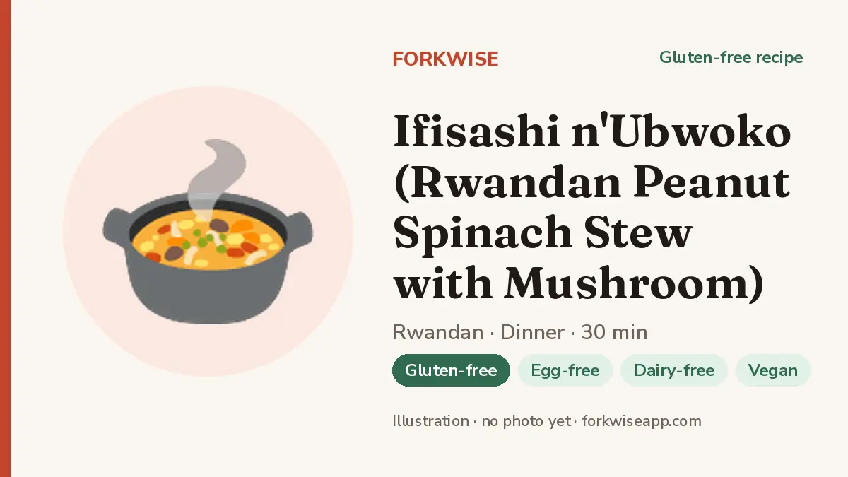 Ifisashi n'Ubwoko (Rwandan Peanut Spinach Stew with Mushroom) – Forkwise recipe card (illustration, no photo yet)