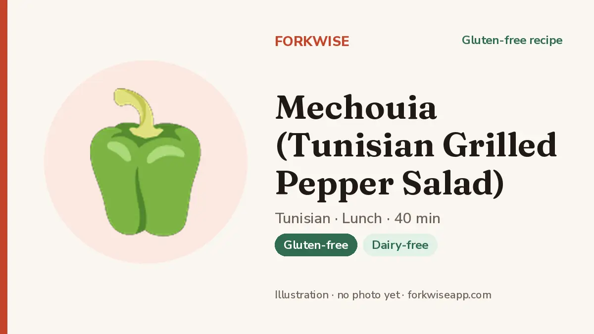 Mechouia (Tunisian Grilled Pepper Salad) – Forkwise recipe card (illustration, no photo yet)