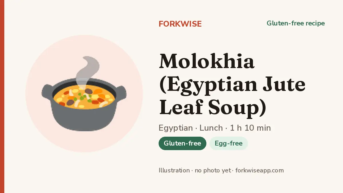 Molokhia (Egyptian Jute Leaf Soup) – Forkwise recipe card (illustration, no photo yet)