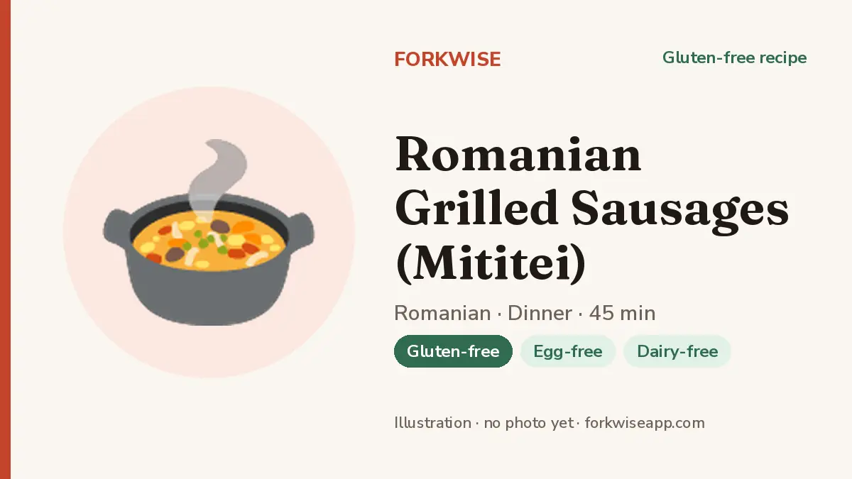 Romanian Grilled Sausages (Mititei) – Forkwise recipe card (illustration, no photo yet)