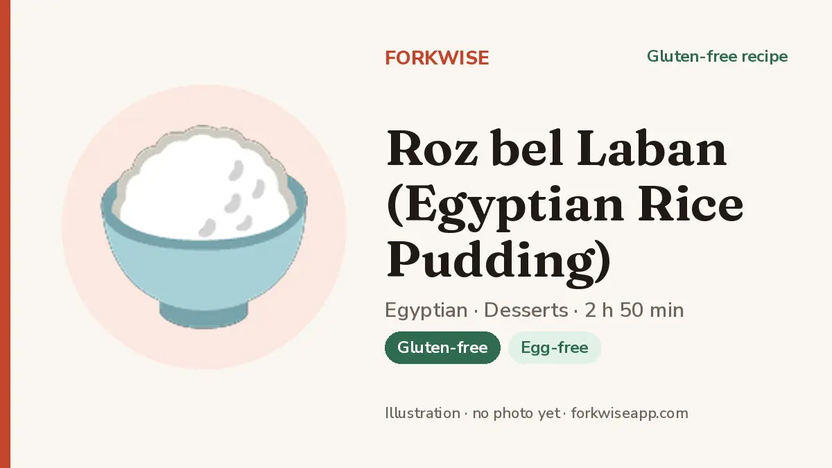 Roz bel Laban (Egyptian Rice Pudding) – Forkwise recipe card (illustration, no photo yet)