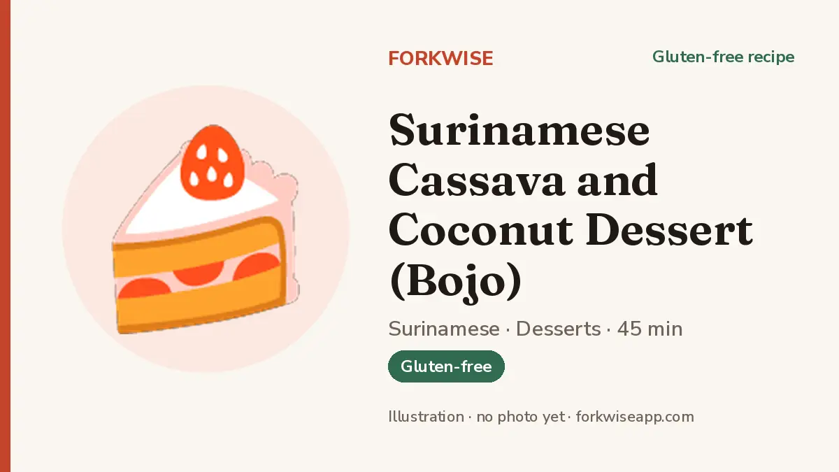 Surinamese Cassava and Coconut Dessert (Bojo) – Forkwise recipe card (illustration, no photo yet)
